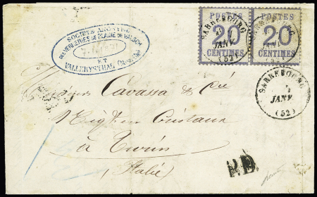 Alsace n°6 en paire OBL CAD T16 "Sarrebourg (52)" (5 janv - sans millésime 71) sur lettre pour Turin (Italie) avec marque noire "PD". RR et TB