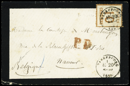 Alsace n°5 OBL CAD T16 "Sarrebourg (52)" (20 mars sans millésime 71) répété à côté sur une petite enveloppe de deuil pour Namur (Belgique), destination rare et TB.