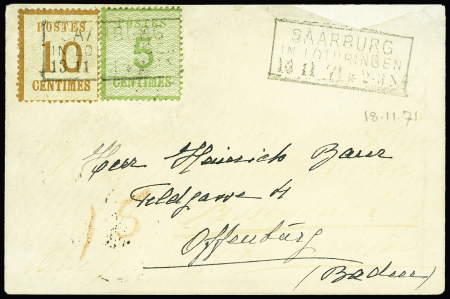 Alsace n°4+5 OBL CAD rectangulaire "Saarburg in Lothringen (13.11.71) sur lettre pour Offenburg (Grand Duché de Bade) avec taxe 15 au crayon rouge. TB