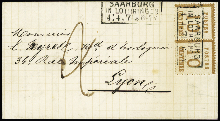Alsace n°5 en paire OBL CAD rectangulaire "Saarburg  in Lothringen" (4:4.71 - 2 points entre le jour et le mois. TB. 