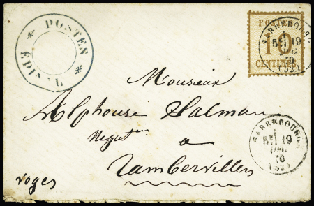 Alsace n°5 OBL CAD T16 "Sarrebourg (52)" (19 dec 70) sur lettre pour Rambervillers (Vosges) avec grand cachet noir "Poste Epinal". RR et TB