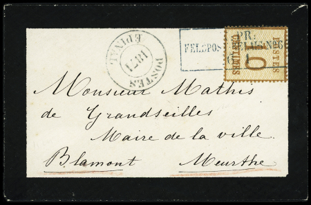 Alsace n°5 OBL CAD rectangulaire bleu "K.PR.feldpost-relais n°66 (26-1) + petit cahet noir "Poste Epinal 1871" sur une petite enveloppe de deuil. RR et TB