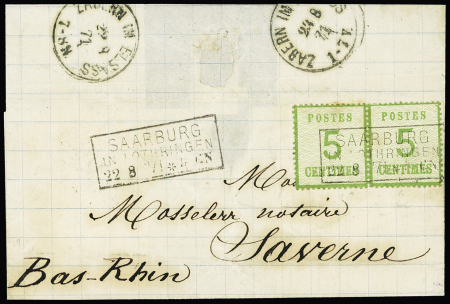 Alsace n°4, 5c vert-jaune en paire OBL CAD rectangulaire "Saarburg in Lothringen" (22-8-71) sur lettre avec au verso CAD d'arrivée "Zabern im Elsass". Rare et TB