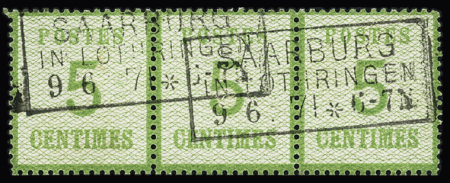 Alsace n°4, bande de 3 détachée avec burelage renversé OBL CAD rectangulaire "Saarburg in Lothringen" (9.6.71), certificats Alain Dreyfus et Volker Mehlmann. TB