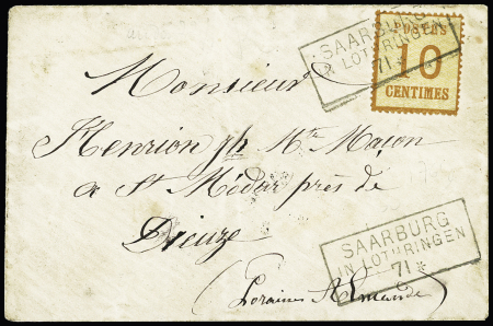 Alsace n°5 OBL CAD rectangulaire "Saarburg  in Lothringen" (millésime seul "71") répété à coté sur lettre pour Dieuze avec arrivée, seule pièce connue. TB