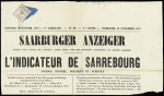 Alsace n°3, 4c gris-lilas,OBL CAD rectangulaire "Saarburg  in Lothringen" (19.11.1871) sur manchette de journal "Saarburger Anzeiger - L'indicateur de Sarrebourg". RR et TB