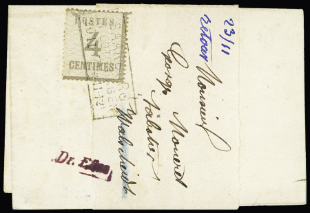 Alsace n°3, 4c gris-lilas, OBL CAD rectangulaire "Saarburg  in Lothringen 20.11.71" sur une relance de paiement sous bande. Rare et TB