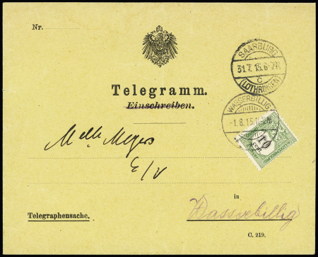 Enveloppe de télégramme avec CAD "Saarburg  C Lothringen" (31.7.15) adressée à Wasserbillig avec Luxembourg timbre-taxe n°2 (1915). TB