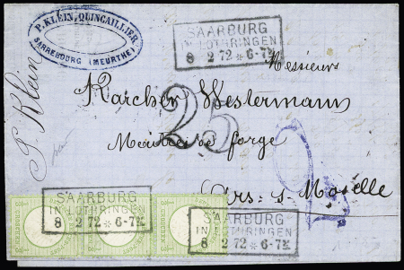 Allemagne n°2 en paire + 1 pièce OL CAD rectangulaire "Saarburg  in Lothringen" (8.2.72) sur lettre pour Ars-sur-Moselle avec taxe 25 double-trait en noir et taxe allemande 2 au tampon bleu. Rareté. TB