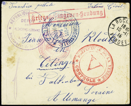 Lettre d'un interné lorrain à La Roche sur Yon Vendée (1915) pour Tetingen avec censure de Metz + cachet rouge "Préfecture de la Vendée - V - Contrôle" + cachet violet "République française Dépôt des Alsaciens 