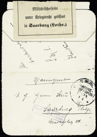 Carte lettre en franchise vec CAD "Kais Deutsche post n°94" (1914) + bande imprimée de censure "Militarischeirfeits unter Kriegsgerecht geoffnet in Saarburg (Lothr)". TB