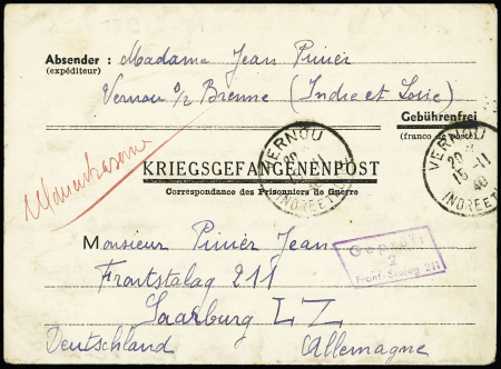 DEUXIEME GUERRE MONDIALE Carte-lettre FM "Kriegsgefangenenpost" adressée à un prisonnier français à Sarrebourg avec petit cachet rectangulaire violet "Gepruft 2 Front Stalag 211" (nov 1940). TB