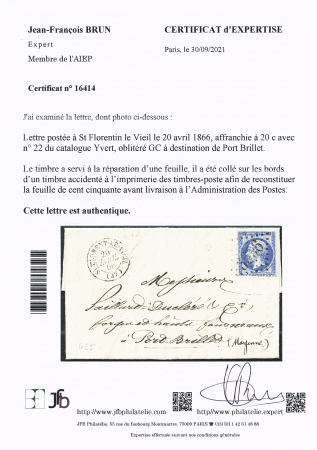 N°22 sur raccord, obl. GC sur lettre de St Florent