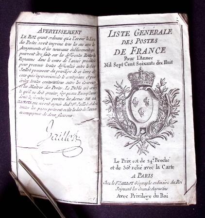 Liste Générale des Postes de France 1778, broché,