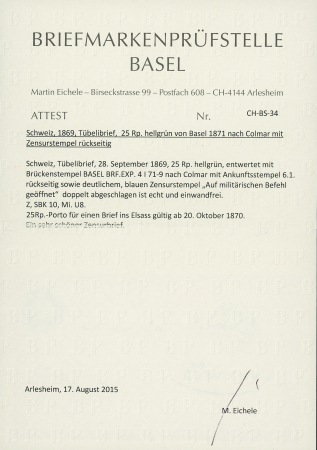 1871 (4 janvier) Entier postal suisse à 25c de Bâle pour Colmar avec cachet d