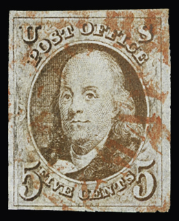 1847 5c Red-brown on bluish, large margins all around,