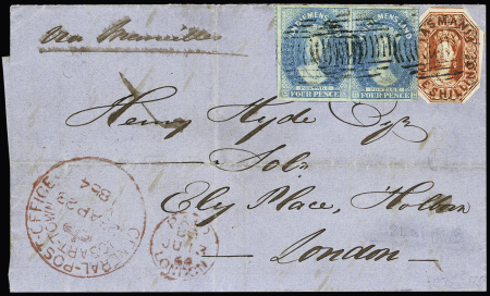 1864 Cover to London franked 1s (cut to shape) +4d