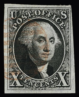 1847 10c Black on bluish, mostly very large margins