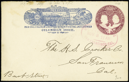1892 Well's Fargo 2c Columbian issue postal stationery