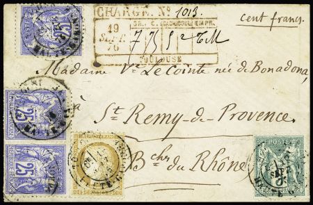 N°55, 15c Cérès + 64 + 78, 3 pièces OBL CAD T18 "Toulouse Haute-Garonne" (1876) sur une petite lettre chargée (VD 100F) AFF composé Cérès-Sage. TB