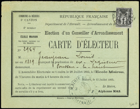 N°83, 1C Sage OBL Béziers Herault (1895) sur un carte d'électeur, jolie pièce rare