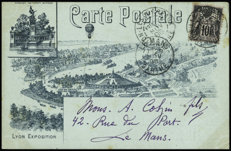 N°89 perforé "FB" sur jolie carte postale "francisque Bosson Lyon" avec dessin du ballon captif de l'exposition de Lyon. OBL 1896. B/TB, RR