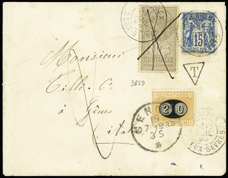N°90 + timbre fiscal de quittances de 10c gris annulé plume comme non valable OBL Deux-Sèvres (1893) sur lettre pour Gênes avec Italie timbre-taxe n°24. Jolie pièce rare.