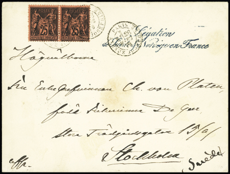 N°91, 25c noir sur rouge en paire (ld) OBL CAD "Paris avenue Joséphine" (1879) sur lettre pour Stockholm avec cursive bleue "légation de Suède et de Norvège en France" et arrivée au verso. TB