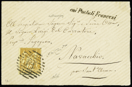 N°92 OBL italienne dans des barres en ovale de Livourne, sur lettre avec cursive "Coi postali francesi" (de Beaufond n°2939 et 2940) sur lettre. Rareté. TB