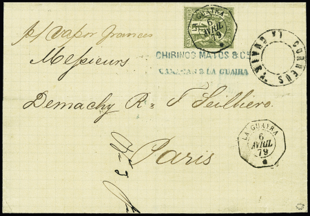 N°72 1f olive obl. càd La Guyara 6 avril 79, répété à côté, sur lettre du Vénézuela pour Paris, cachet "CORREOS La GUAIRA", SUP