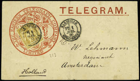N°92 OBL CAD "Marseille Bes du Rhone" (1880) répété à côté sur env télégramme illustrée "The Eastern telegraph company limted" adressée à Amsterdam. TB