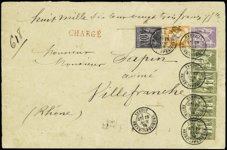 N°82, 1f olive, 4 pièces + n°95, 5f violet + n°89 + n°38, 40c Cérès orange OBL T18 "Yvetot Seine-Inférieure" (1878) sur lettre chargée (VD 8623F 15c). Très bel affranchissement compposé Cérès - Sage