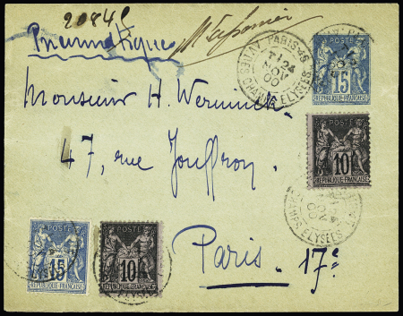 N°101 + 103, 2 pièces, OBL CAD télégraphique "Paris 45 av. des Champs Elysées" (1900) avec petit "T" à la place de la levée sur env entier postal 15c Sage avec mention manuscrite "pneumatique". RR et TB