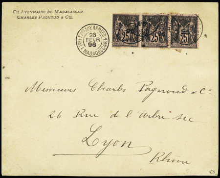 N°97, bande de 3 OBL CAD "1 TOR et PES aux armées 1 Madagascar" (1896) sur lettre à en-tête de la Cie Lyonnaise de Madagascar Charles Pagnoud" adressée à Lyon. RR et TB