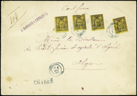 N°93, 35c violet-noir sur jaune, 4 pièces (2 def, 2 TB) OBL CAD bleu "Cherchell Alger" (1889)sur lettre chargée (VD 100F). TB