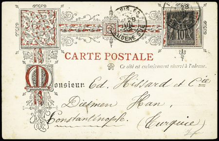 N°89 OBL CAD "Paris 60 rue Eugène Sue" (1892) sur rare carte postale ornée de la Société de Timbrophile d'Echange. B/TB