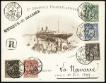 N°75 + 90 + 97, 2 pièces + n°98 OBL CAD octogonal ligne B paq. Fr. n°1" (1899) sur papier  en-tête du paquebot La Navarre recommandé avec griffe  "Mexique St Nazaire". Pièce magnifique, certificat RHP