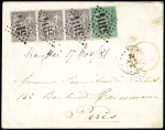 N°75 + 77, bande de 3, OBL GC 5104 + petit CAD "Shang-Haï Chine" (1881). Très jolie pièce rare, certificat RHP. TB