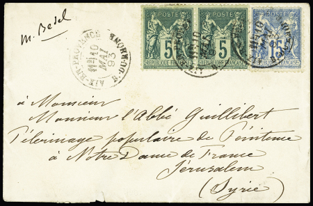 N°75 en paire + 90 OBL AD "Aix en Provence B. du Rhone" (1893) sur une petite lettre adressée à un abbé en pèlerinage à Jérusalem, destination rare et TB