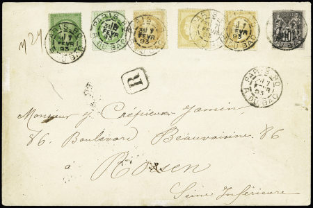 N°20 + 21 + 28 + 53 + 59 + 89 OBL CAD "Paris 80 R. du Bac" (1893) sur lettre recommandée pour Rouen. Utilisation tardive des Cérès et Empire avec un Sage. TB