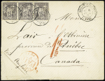 N°77, bande de 3, OBL CAD "Moret-s-Loing (73)" (1877) sur lettre pour le Canada (tarif du 1-1-1876 par la voie d'Angleterre 45c par 15 grammes). Rare et TB