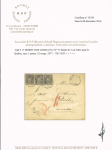 N°77, bande de 3, OBL CAD "Moret-s-Loing (73)" (1877) sur lettre pour le Canada (tarif du 1-1-1876 par la voie d'Angleterre 45c par 15 grammes). Rare et TB