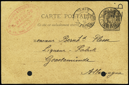 Entier carte postale 10c Sage perforé "EP" (étiquettes de luxe E.Pichot) avec en bas 2 trous d'archivage, adressée en Allemagne. RR et TB