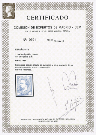 1873 Carlos VII 1 blue, with variety without curved