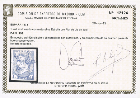 1873 Carlos VII 1real blue, used with blue five-pointed