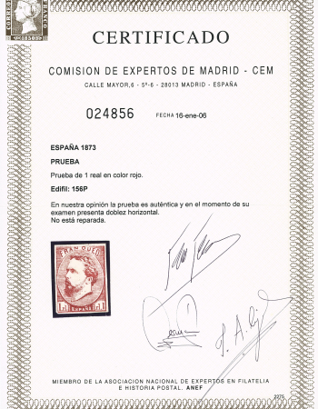 1873 Carlos VII 1real red proof with original gum,