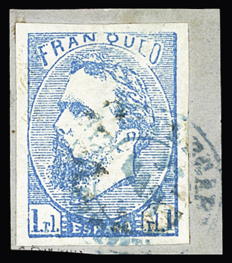 1873 Carlos VII 1real blue tied to small piece by VERGARA