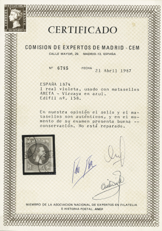 1874 Carlos VII 1real violet, used with blue ARETA