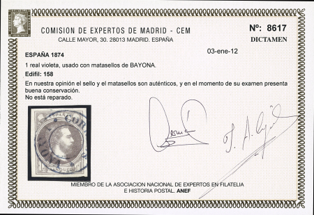 1874 Carlos VII 1real violet, used with blue CORREOS