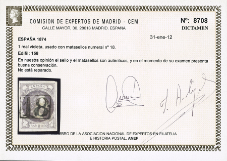 1874 Carlos VII 1real violet, used with boxed numeral